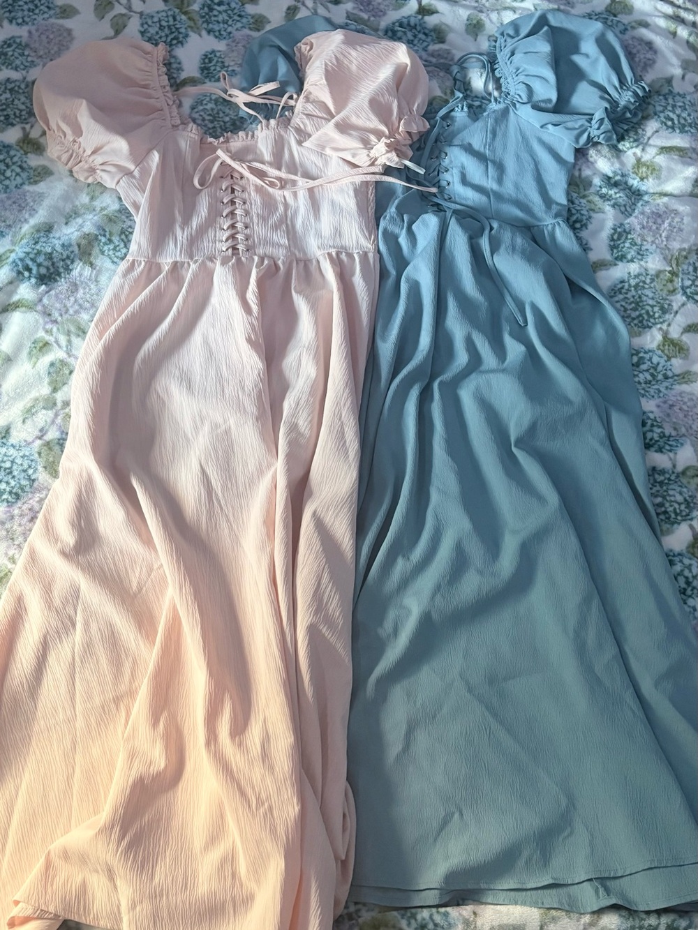 SHEIN Cottagecore Corset Puff Sleeve Maxi Dress Bundle | Baby Blue & Light Pink